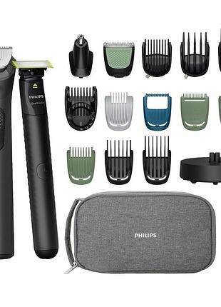 Триммер philips series 9000, для лица, головы, тела, аккум., насадок-19, oneblade в компл., сталь, серый