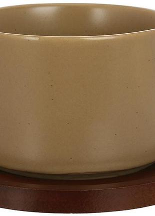Набор 6 фарфоровых чашек "natural serving grey" 200мл с деревянными блюдцами