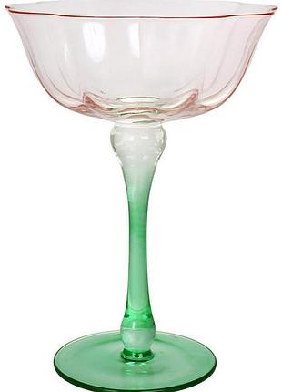 Набір 6 скляних келихів для шампанського "flower glass" 250мл рожевий із зеленим