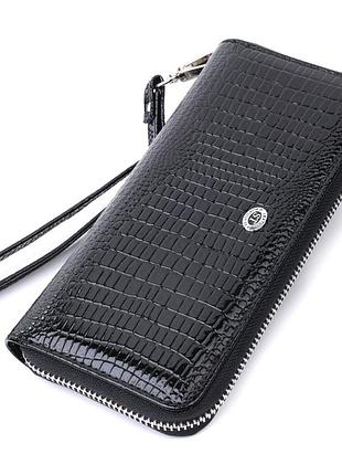 Лакированный женский кошелек на молнии из натуральной кожи st leather 22678 черный