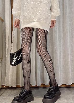 Колготки в сіточку з хрестами чорні one size