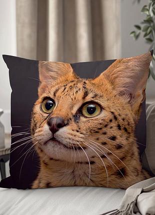 Декоративная подушка с котом породы «сервал» wonkey, 45×45 см, плюш, двусторонний фотопринт — 1350345