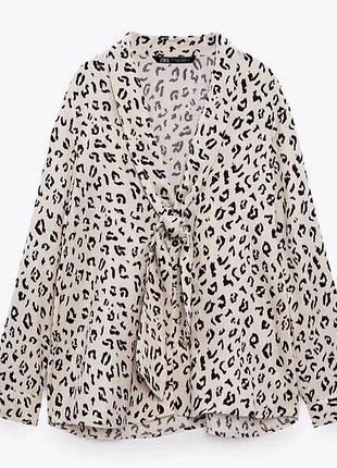 Zara leopard animal print satin tie neck ecru blouse top shirt