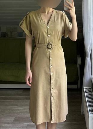 Сукня міді жіноча zara сафарі бежева льон та віскоза льняна