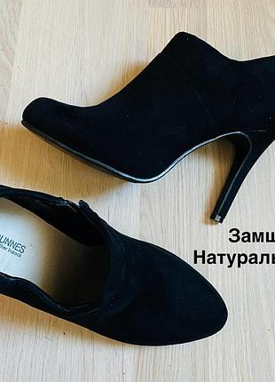 Ботільони чорні замшеві елегантні ботильйони на каблуку dunnes stores (шкіряна устілка), р. 38