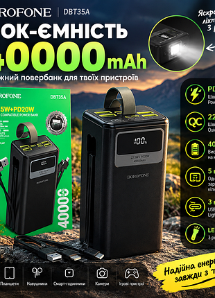 Шок-емкость 40000mah! мощный повербанк borofone dbt35a pd20w + фонарь