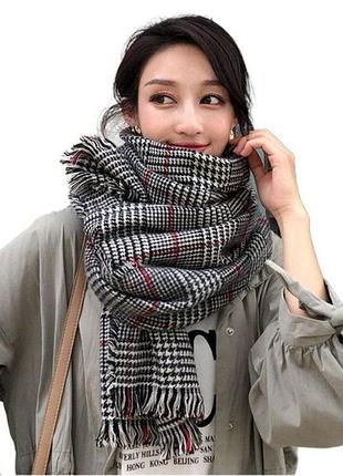 Жіночий шарф-палантин ladies scarf з візерунком «гусяча лапка» та бордовими смугами