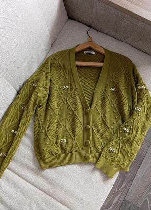 Казковий в'язаний кардиган stradivarius із вишивкою у стилі вінтаж бохо cottagecore , 100% бавовна 💚🌿