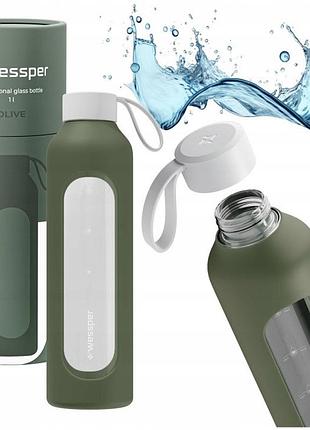 Скляна пляшка для води з міркою 1л + силіконовий чохол wessper b1