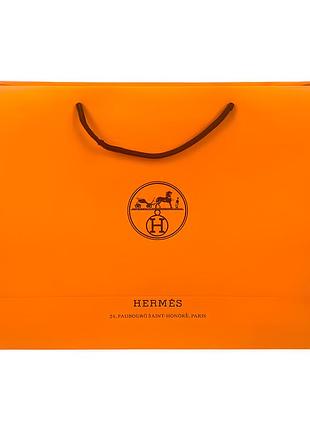 Пакет hermes 42х14х30 см из плотной бумаги, оранжевый фирменный пакет с черными веревочными ручками для подарков и стильного