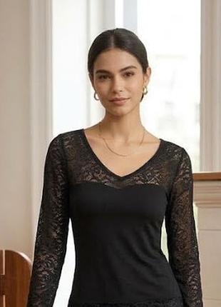 Элегантная черная кружевная кофта с длинным рукавом и подкладкой h&amp;m - размер m (38)
