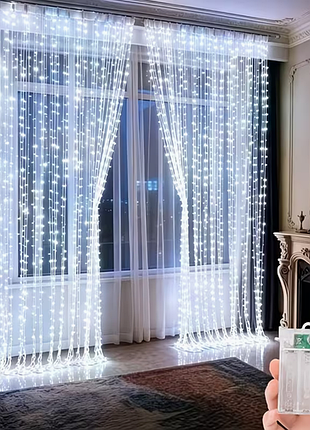 Светодиодная led гирлянда «штора-зависа» 3х2 метра от батареек белая
