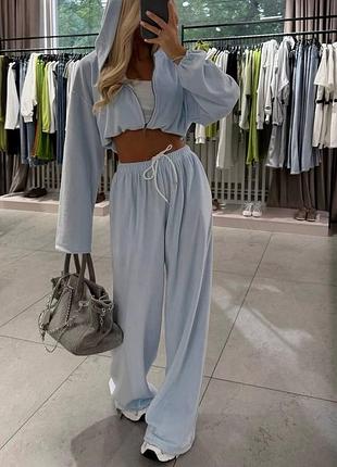 Женский велюровый костюм oversize с укороченной кофтой на молнии и широкими брюками 42-48