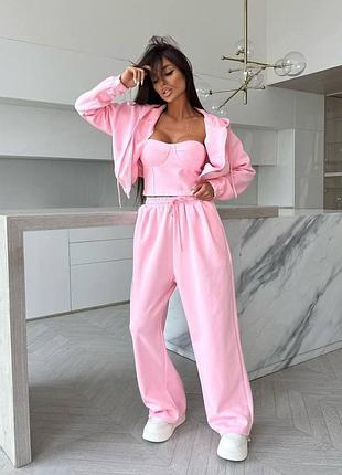 Женский спортивный костюм-тройка с корсетом, кофтой oversize и широкими брюками барбі, 42/46