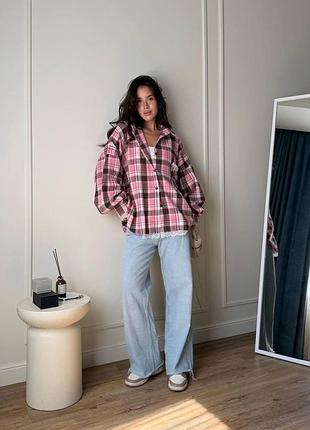 Женская рубашка oversize в клетку с кружевом, универсальный размер ог 148 см пудра, oversize