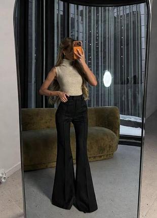 Жіночі замшеві штани-кльош із високою посадкою чорні та шоколад 42/44, 46/48 чорний, 46/48