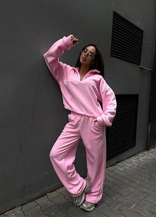 Женский теплый костюм oversize из двухстороннего polar флиса с брюками палаццо рожевий, 42/44
