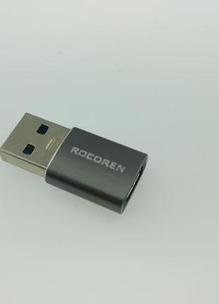Компактный металлический переходник rocoren otg usb-a (папа) на usb type-c (мама).
