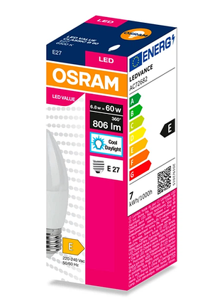 Лампа osram led e27 6.8вт 3000к 806лм в60 value 2