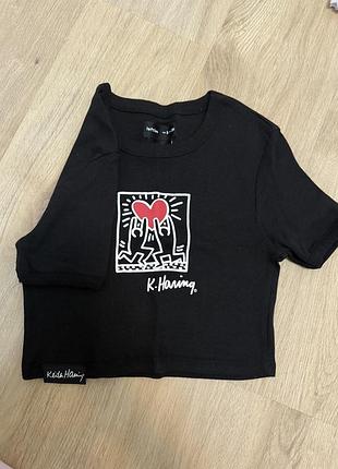 Жіночий топ-кроп keith haring чорний з принтом, розмір xs