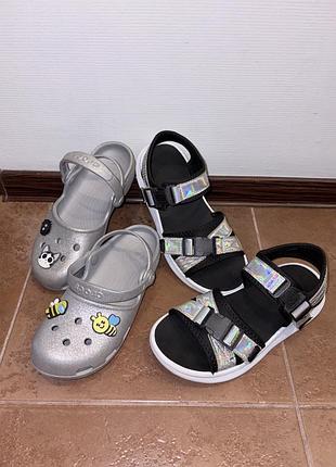Сабо crocs сріблясті та чорні сандалі для дівчинки, босоніжки, крокси