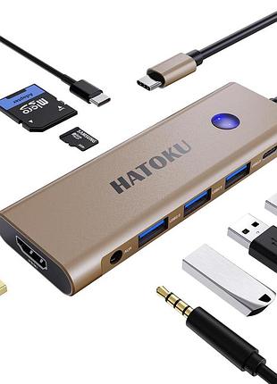Док станция type-c hatoku 9 в 1 концентратор usb c хаб адаптер с быстрой зарядкой 100 вт, с hdmi 4k 60 гц