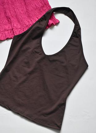 Коричневый базовый топ через шею shein s