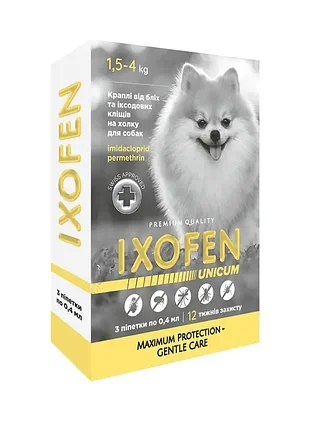 Краплі ixofen проти іксодових кліщів, бліх та комарів для собак 1.5-4 кг (3 піп. по 0,4 мл.)