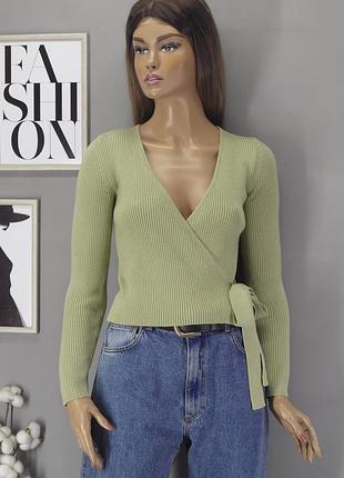 Брендовый фисташковый, светло-зеленый джемпер на запах "new look " в рубчик. размер uk8/eur36.
