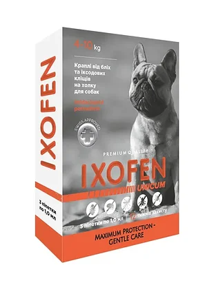 Краплі ixofen проти іксодових кліщів, бліх та комарів для собак 4-10 кг (3 піп. по 1 мл.)