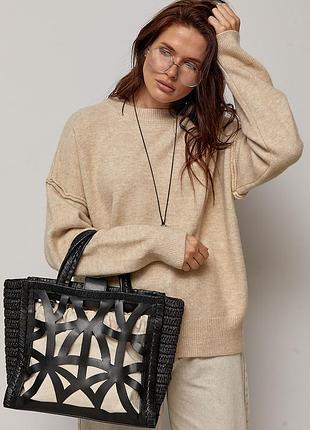 Вязаный джемпер oversize с декоративными швами - бежевый цвет, one size (имеется размеры)