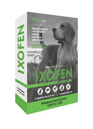 Краплі ixofen проти іксодових кліщів, бліх та комарів для собак 10-25 кг (3 піп. по 2,5 мл.)