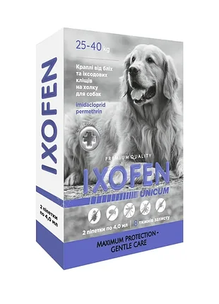 Капли ixofen против иксодовых клещей, блох и комаров для собак 25-40 кг (2 пип по 4 мл.)