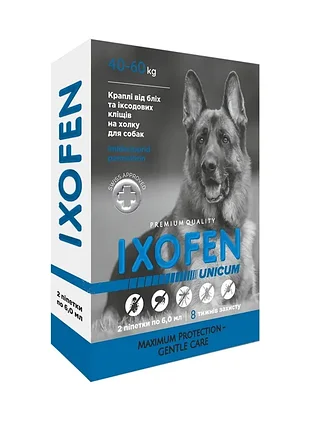 Капли ixofen против иксодовых клещей, блох и комаров для собак 40-60 кг (2 пип. по 6 мл.)