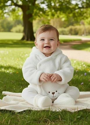 Детская плюшевая утепленная куртка prenatal 68 см, 6-9 мес, белая с капюшоном