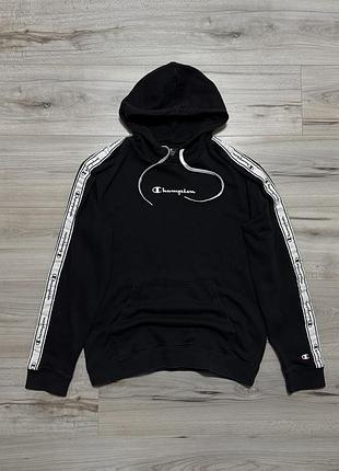 Черная худи кофта чемпион с лампасами champion logo tape hoodie&nbsp;black, m, оригинал