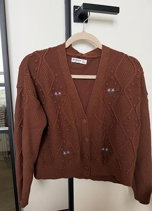 Жіночий кардиган stradivarius коричневий з вишивкою розмір s