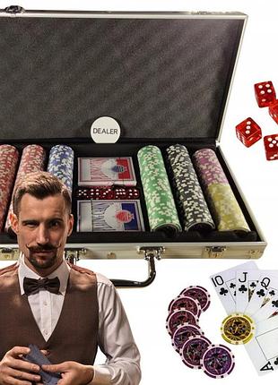 Набір для гри в покер premium 300 фішок 2 колоди карт кубики валіза