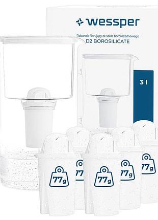 Скляний кувшин wessper d2 borosilicate aquaclassic 3л + 6x фільтр-картридж