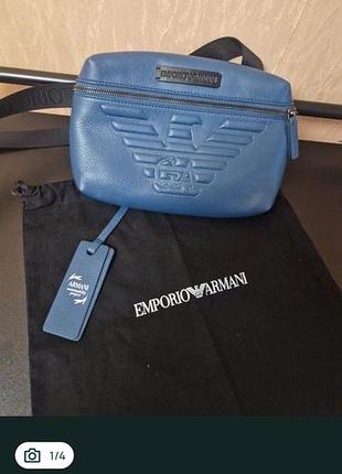 Сумка чоловіча emporio armani поясна синя шкіряна