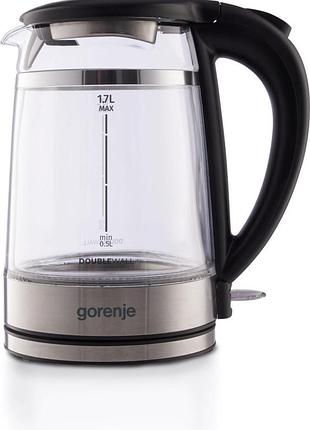Электрочайник gorenje 1.7 л, 2,200 вт, strix контроль, стекло, черный