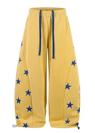 Женские широкие брюки oversize со звездами и затяжками из двунитки 42/50 жовтий, 42/48