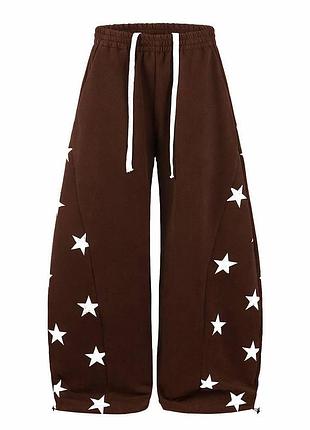 Женские широкие брюки oversize со звездами и затяжками из двунитки 42/50 шоколад, 42/48