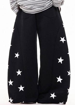 Женские широкие брюки oversize со звездами и затяжками из двунитки 42/50 чорний, 42/48
