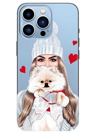 Прозрачный чехол на iphone 13 pro max девушка с собачкой (принт 142)