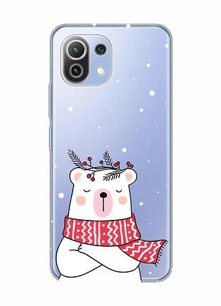 Прозрачный чехол на xiaomi mi 11 lite медведь в шарфе (принт 147)