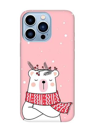 Матовий рожевий чохол на apple iphone 13 pro max ведмідь у шарфі (принт 147)
