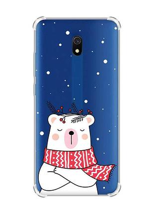 Чехол с утолщенными углами на xiaomi redmi 8a медведь в шарфе (принт 147)