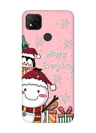 Матовый розовый чехол на xiaomi redmi 9c / 10a снеговик и пингвин (принт 156)