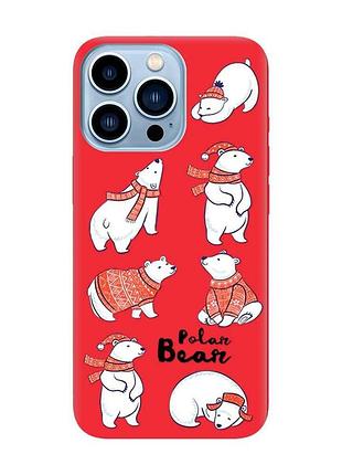 Матовий червоний чохол на apple iphone 13 pro max новорічний дизайн ведмедики (принт 145)
